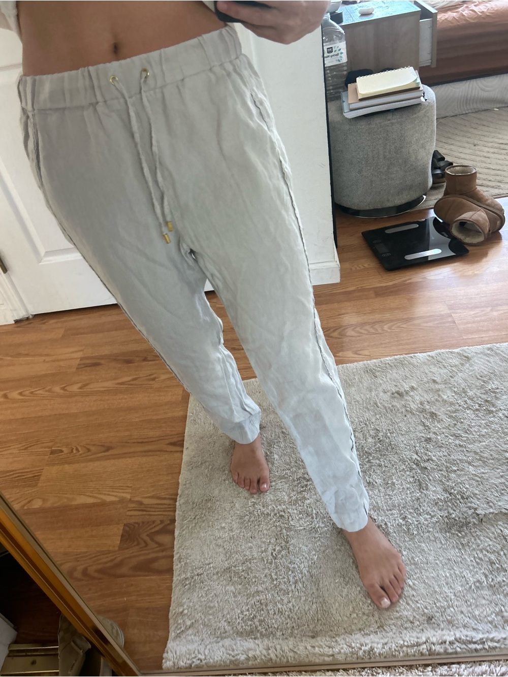 Light Gray Drawstring 100% Linen Pants jogger skinny M 26